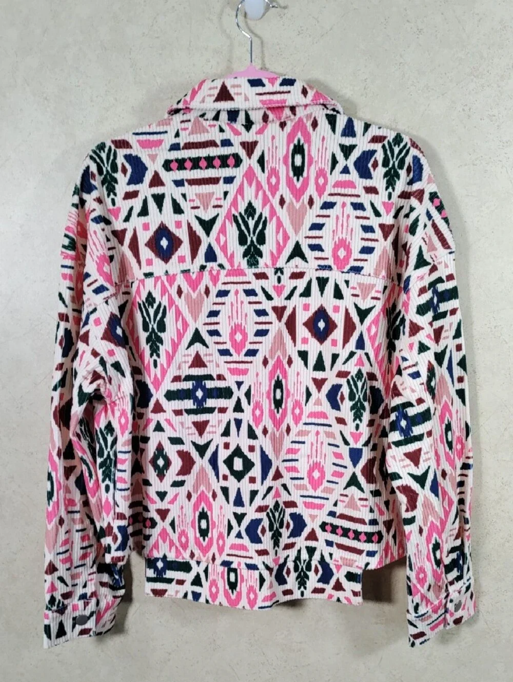 H195 Savanna Jane geometric print pink & teal wide wale corduroy jacket 1X NEW